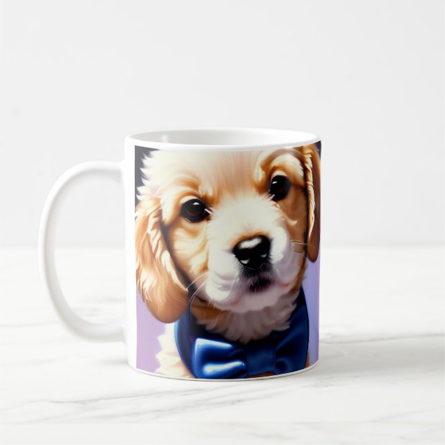 Adsible Fluffy Puppy w Cute Blue Bow Tie Kaffemugg (Vänster)