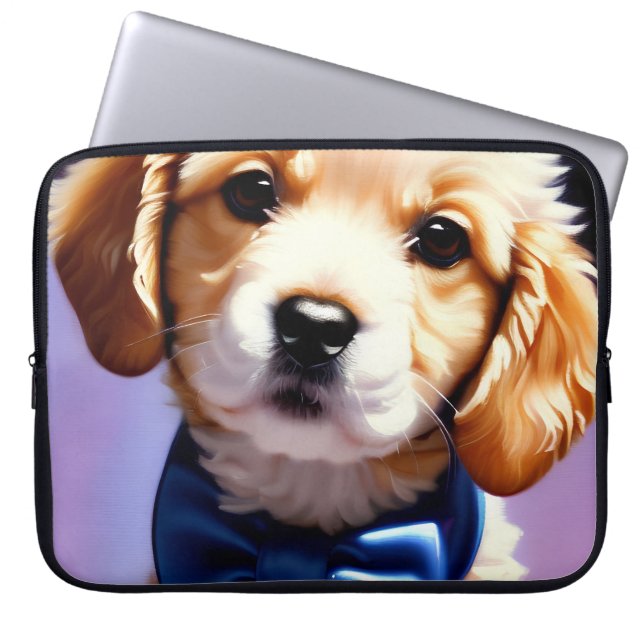 Adsible Fluffy Puppy w Cute Blue Bow Tie Laptop Fodral (Framsidan)