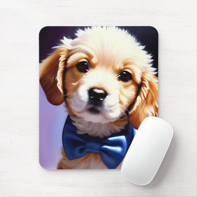 Adsible Fluffy Puppy w Cute Blue Bow Tie Musmatta (Med mus)