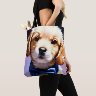 Adsible Fluffy Puppy w Cute Blue Bow Tie Porträtt Tygkasse