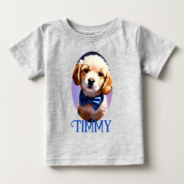 Adsible Fluffy Puppy w Cute Blue Bow Tie T Shirt (Framsida)