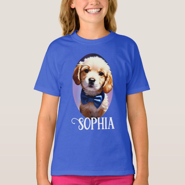 Adsible Fluffy Puppy w Cute Blue Bow Tie T Shirt (Framsida)