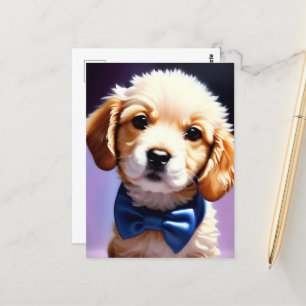 Adsible Fluffy Puppy w Cute Blue Bow Tie Vykort