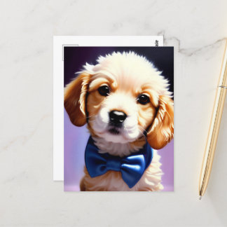 Adsible Fluffy Puppy w Cute Blue Bow Tie Vykort