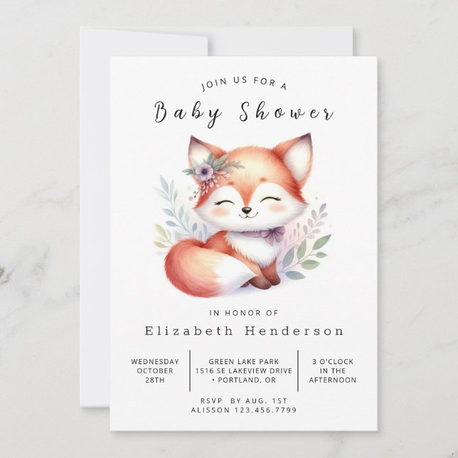 Adsible Forest Tale Fox Baby Shower Inbjudningar (Framsida)