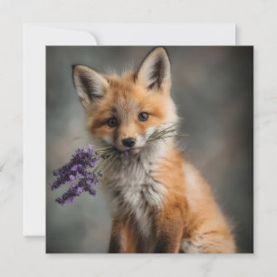 Adsible Fox Kit Holding Lavender Flowers Julkort