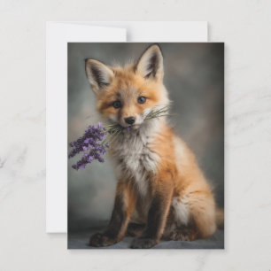 Adsible Fox Kit Holding Lavender Flowers Vykort