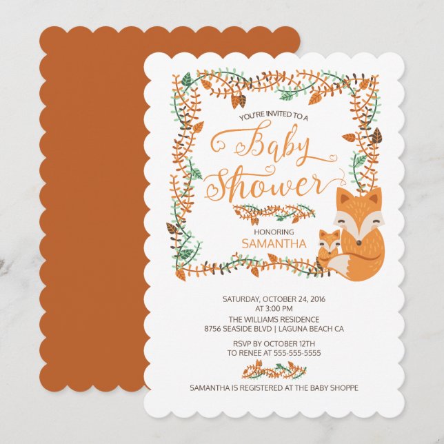 Adsible Fox Woodland Baby Shower-inbjudan Inbjudningar (Fram/baksida)