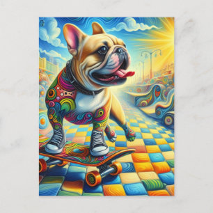 Adsible Fransk Bulldog Skateboarding Colorful Vykort