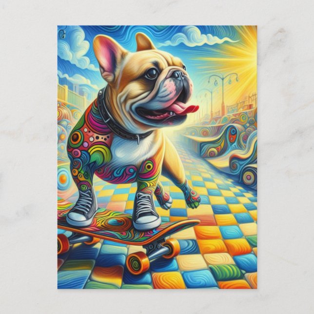 Adsible Fransk Bulldog Skateboarding Colorful Vykort (Framsida)