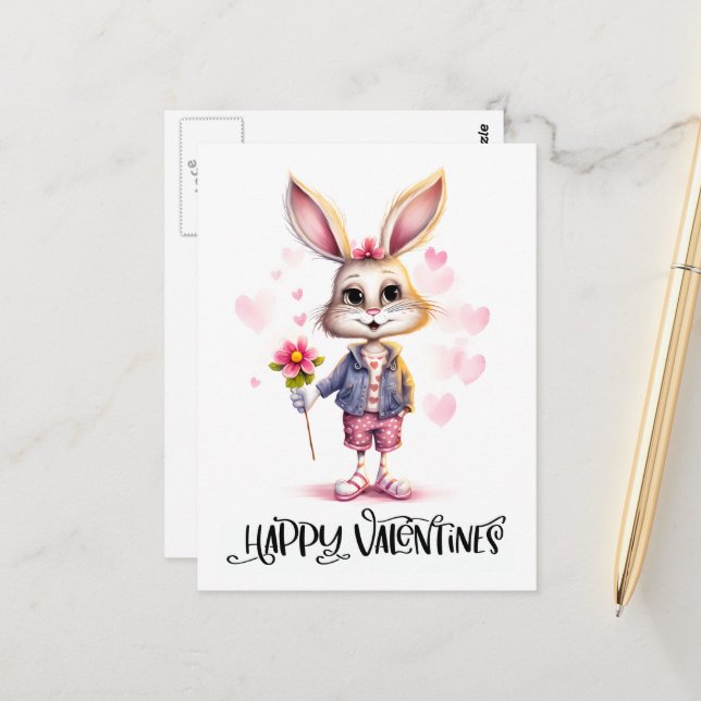 Adsible Funny Cute Valentine Rabbit Rosa Flowers Vykort (Fram/Back In Situ)