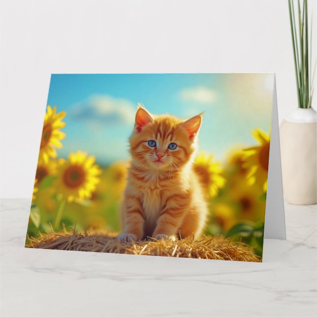 Adsible Ginger Kitten i Fält i solblommor Kort (Framsida)