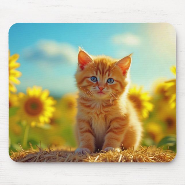 Adsible Ginger Kitten i Fält i solblommor Musmatta (Framsidan)
