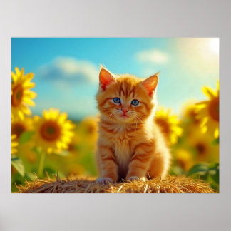 Adsible Ginger Kitten i Fält i solblommor Poster