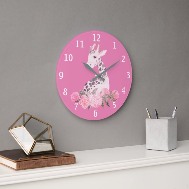 Adsible Giraffe Rosa Blommigt Baby Nursery  Stor Klocka (Kontor)