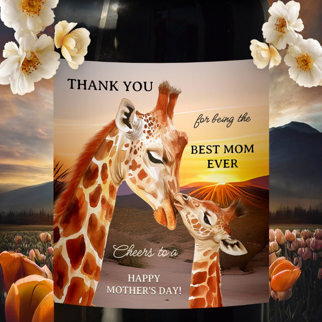 Adsible Giraffes Mors dag Vinflaska Etikett (Wine label featuring a young giraffe kissing and thanking Mom for being so wonderful - Mother's Day)