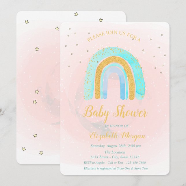 Adsible Glitter Rainbow Stars Baby Shower Inbjudningar (Fram/baksida)