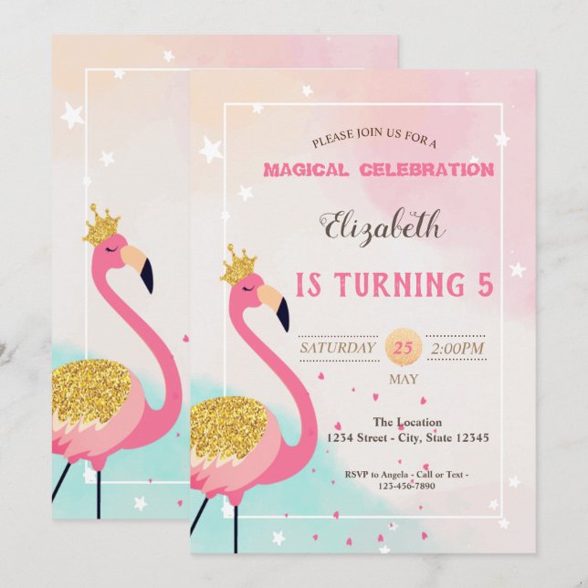 Adsible Glitter Rosa Flamingo Birthday Inbjudningar (Fram/baksida)