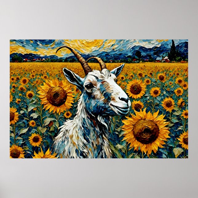 Adsible Goat in a Solros Fält Poster (Framsidan)