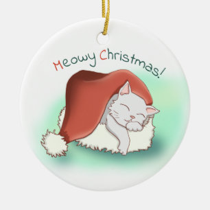 Adsible Grått Tecknad Cat Snoossing in Santa Hat Julgransprydnad Keramik