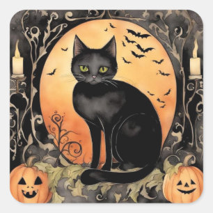 Adsible Halloween Black Cat Watercolor Fyrkantigt Klistermärke