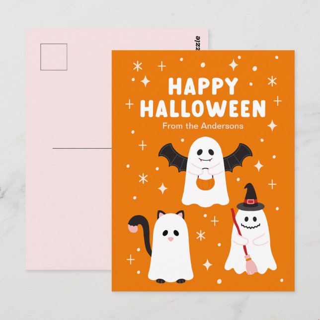 Adsible Halloween Bus eller godis Spöken Vykort (Fram/baksida)