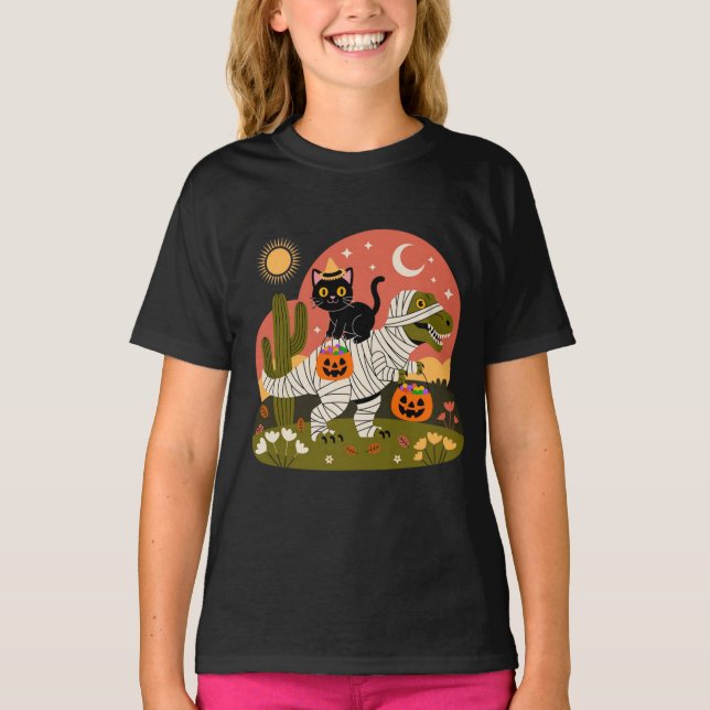 Adsible Halloween Cat on Dinosaur - Spooky Roligt T Shirt (Framsida)