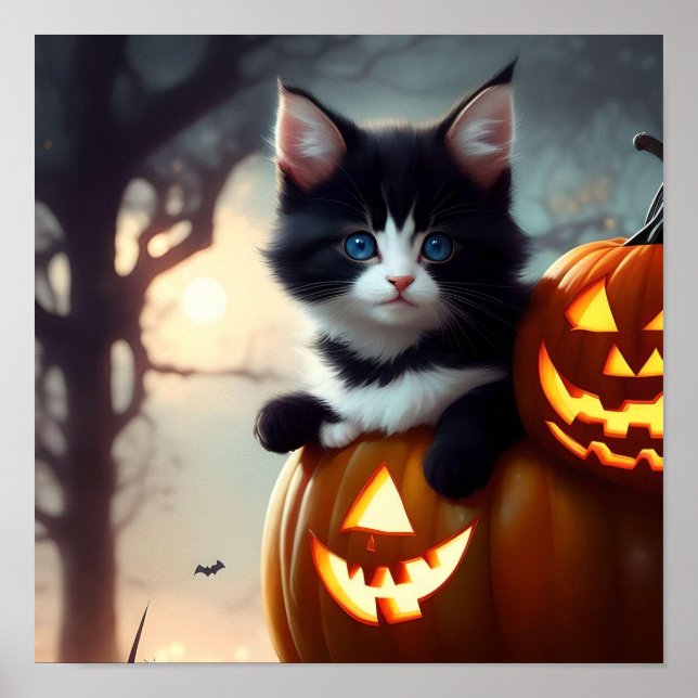 Adsible Halloween Kitten i en Pumpkin Poster (Framsidan)