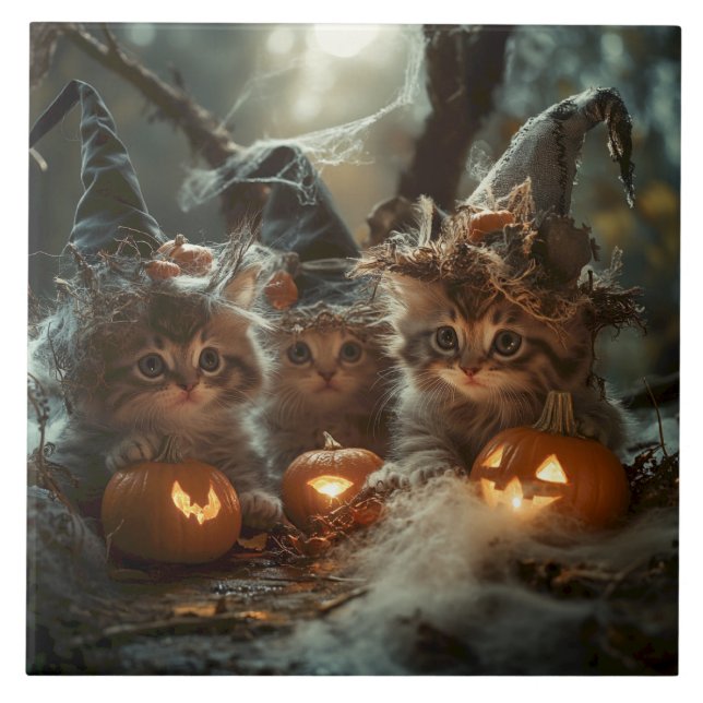 Adsible Halloween Kittens with Pumpkins Kakelplatta (Framsidan)