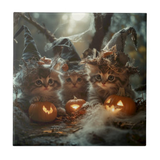 Adsible Halloween Kittens with Pumpkins Kakelplatta