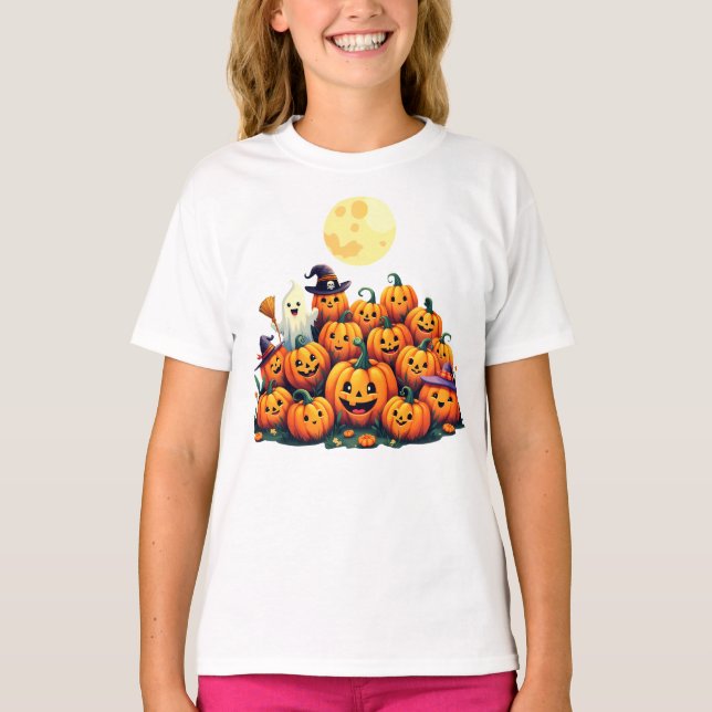 Adsible Halloween Pumpkins with leende ansikte T Shirt (Framsida)