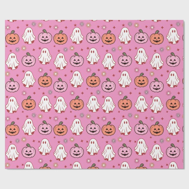 Adsible Halloween Spöken & Pumpkins Rosa Presentpapper (Platt)