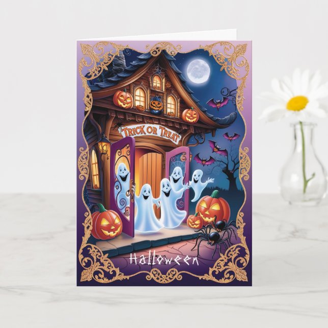 Adsible Halloween Spöken vid Doorstep Kort (Liten växt)