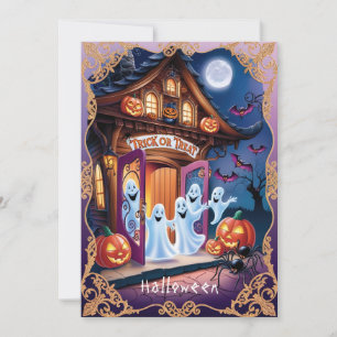 Adsible Halloween Spöken vid Doorstep Kort