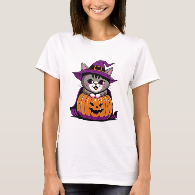 Adsible Halloween Witch Cat T Shirt (Framsida)
