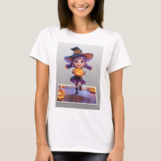 Adsible Halloween Witch Girl with Jack-o’ Lantern T Shirt