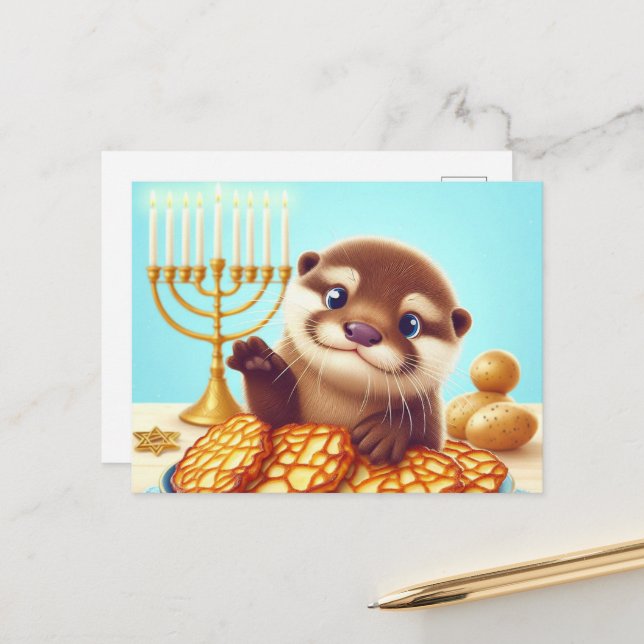 Adsible Hanukkah Otter Vykort (Fram/Back In Situ)