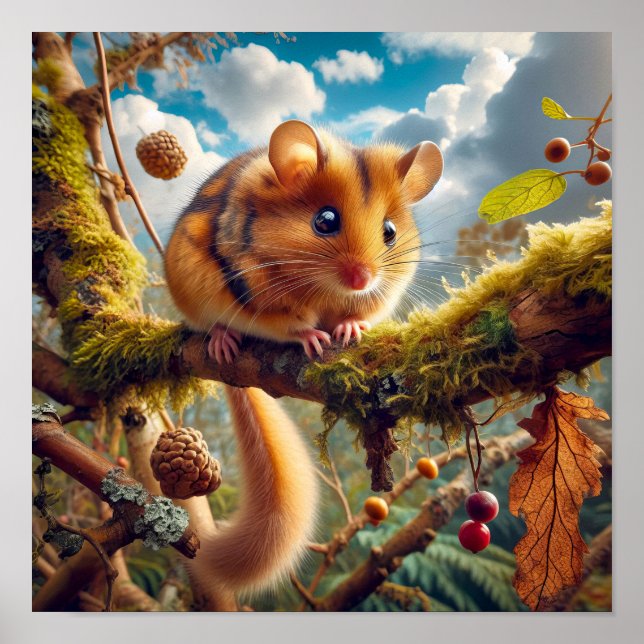 Adsible Hazel Dormus i Woodland Träd Poster (Framsidan)