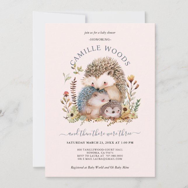 Adsible Hedgehog Family Rosa Girl Baby Shower Inbjudningar (Framsida)
