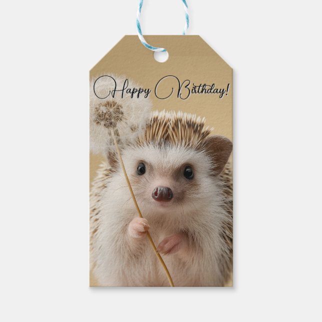 Adsible Hedgehog Holding a Dandelion Presentetikett (Framsidan)