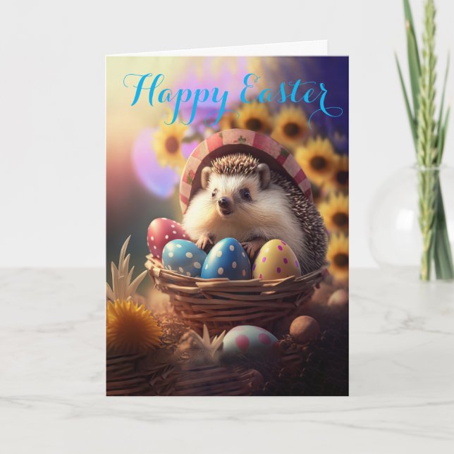 Adsible Hedgehog in an Påsk Basket Helgdag Card Helgkort (Framsida)