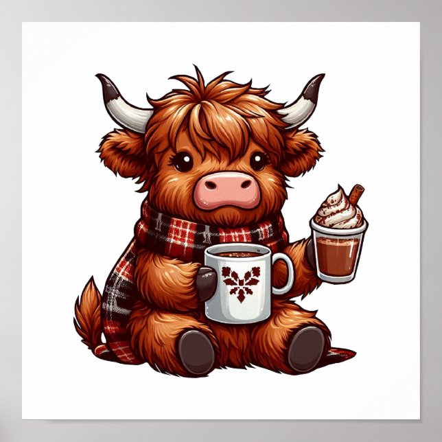Adsible Highland Cow Enjoying Mysigt Beverages Poster (Framsidan)