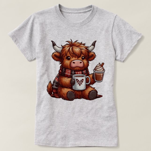 Adsible Highland Cow Enjoying Mysigt Beverages T Shirt (Design framsida)