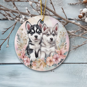 Adsible Husky Puppies Rosa Blommigt jul Julgransprydnad Keramik