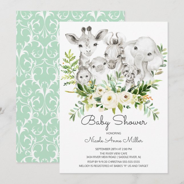 Adsible Jungle Animals Baby Shower-inbjudan Inbjudningar (Fram/baksida)