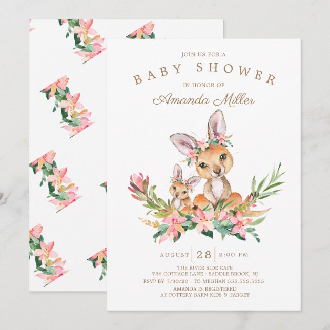 Adsible Kangaroo Mamma & Flicka Baby Shower Inbjudningar (Fram/baksida)