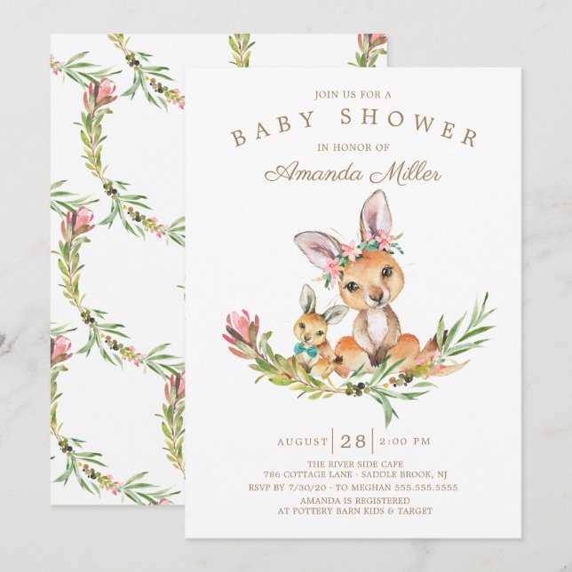 Adsible Kangaroo Mamma & Pojke Baby Shower Inbjudningar (Fram/baksida)