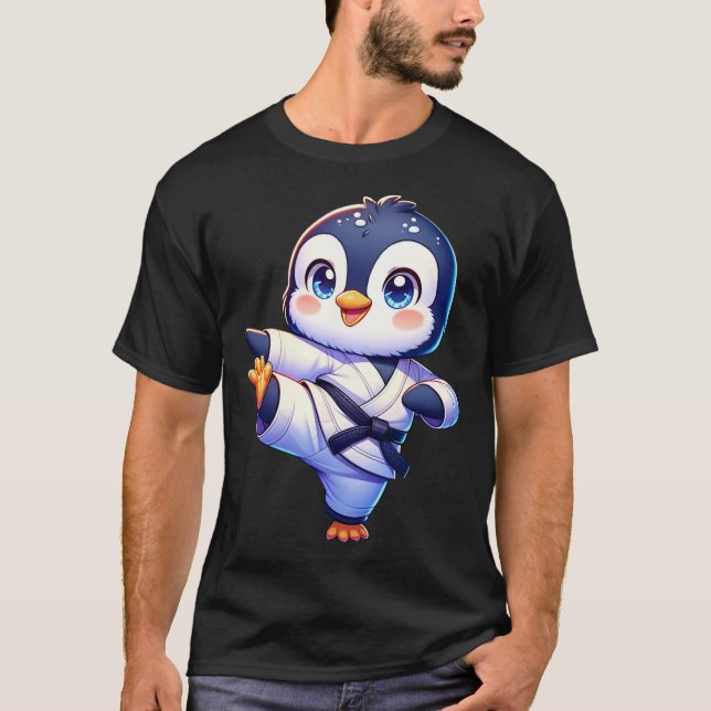 Adsible Karate Penguin Crane Kick Pose T Shirt (Framsida)