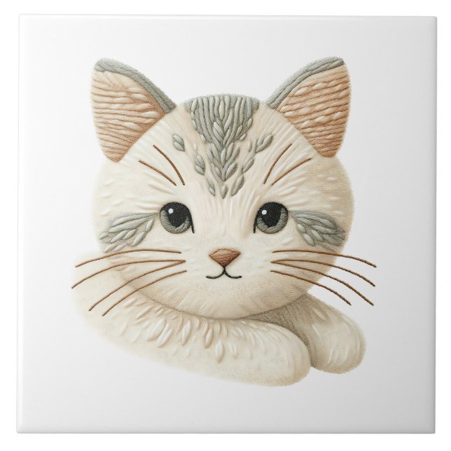 Adsible Kattunge Decor Embroized Cat Ceramic Tile Kakelplatta (Framsidan)