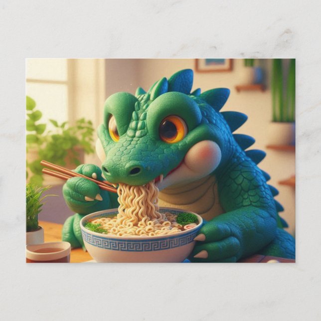 Adsible Kawaii Alligator Eating Ramen Vykort (Framsida)